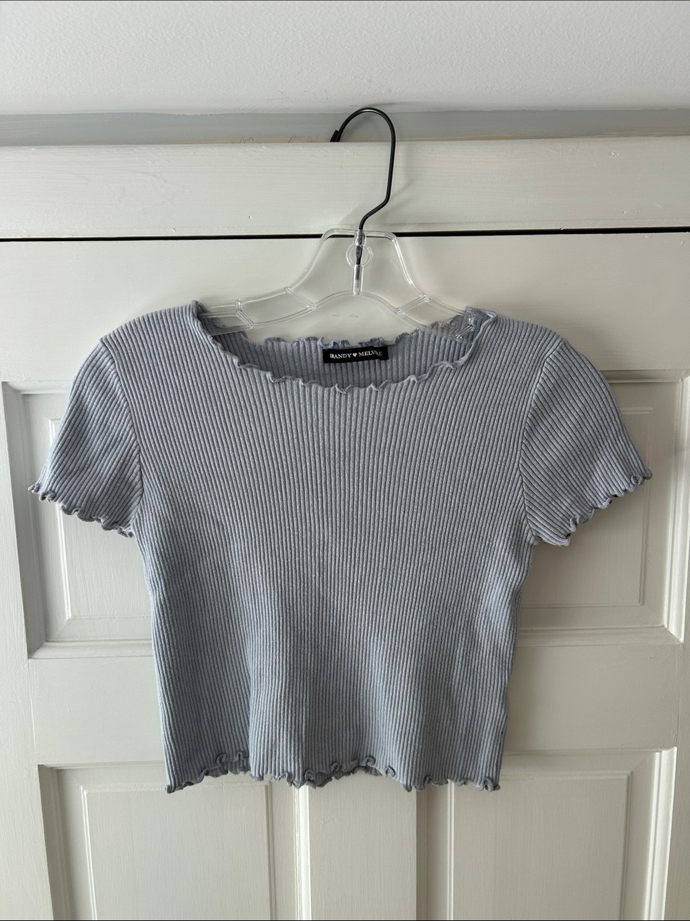 Brandy Melville Ribbed Short-Sleeve Crop Top in Light Gray/Blue